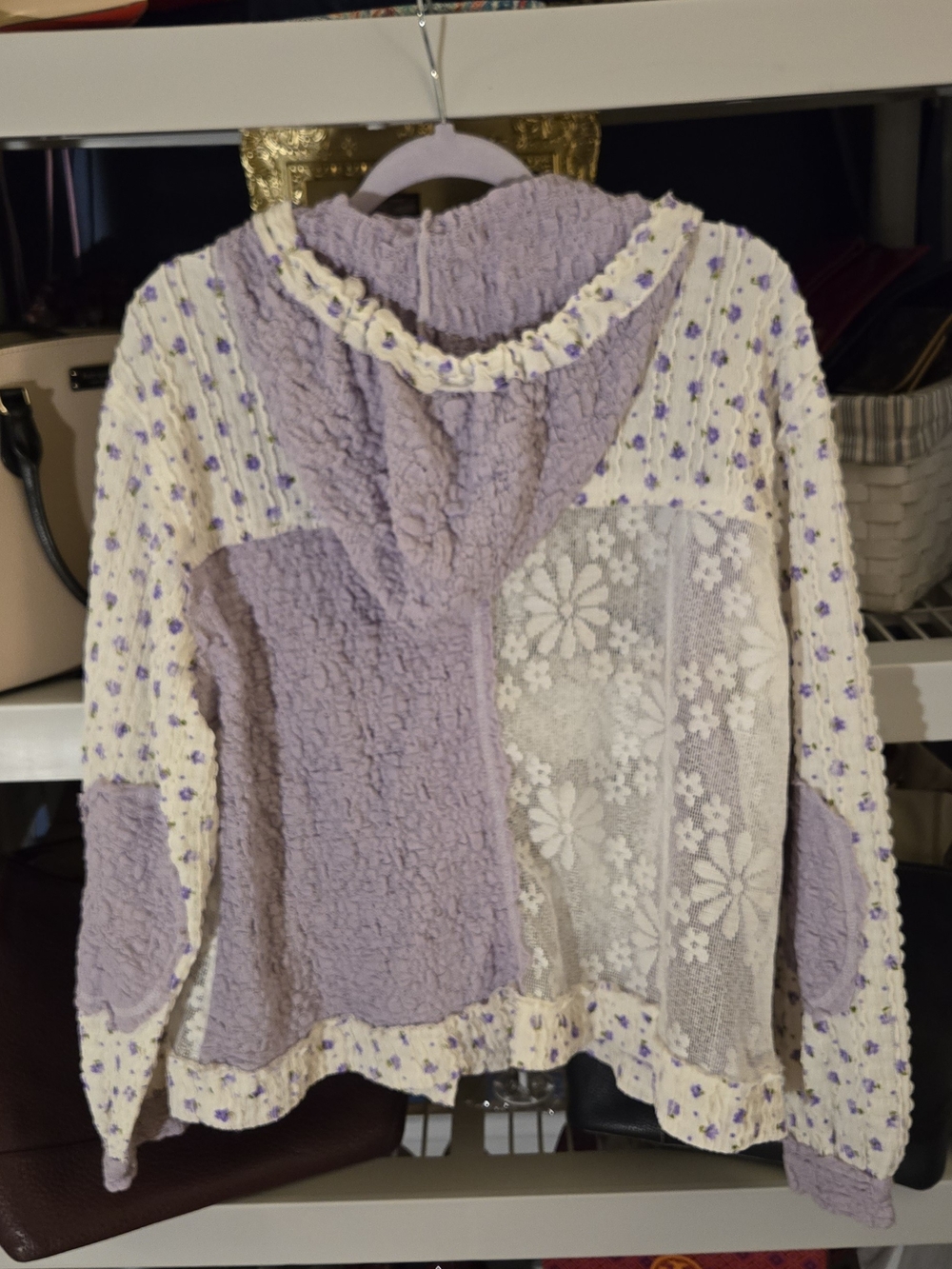 POL Lavender and Cream Floral Lace Button-Up Hoodie - Picture 3 of 9